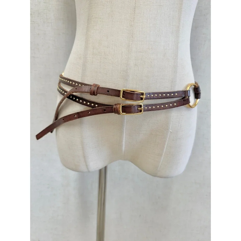 1937 Accessories Genuine Leather Studded Brown Double Wrap Belt Womens ML Boho
